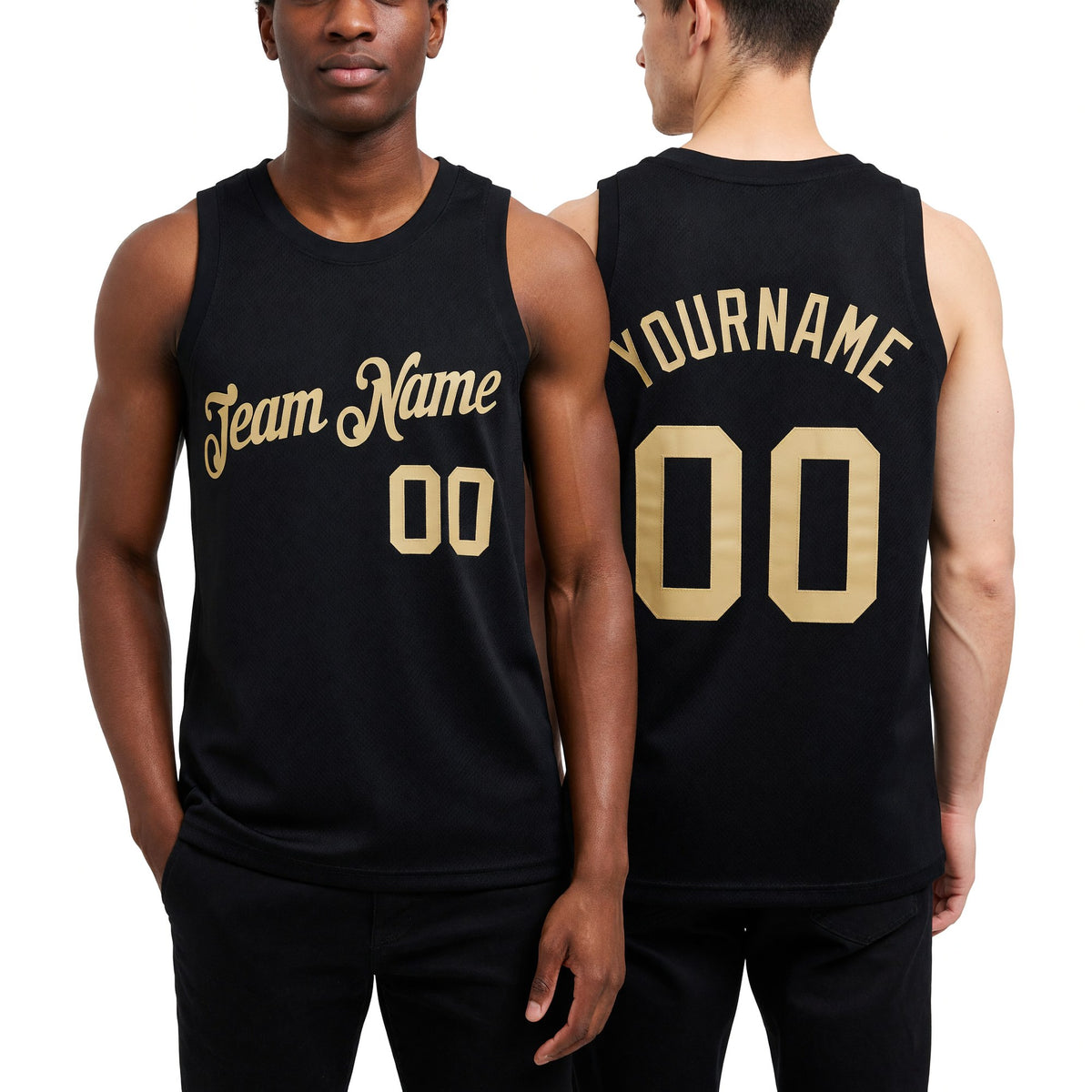Custom Black Vegas Gold Authentic Throwback Basketball Jersey worn front and back