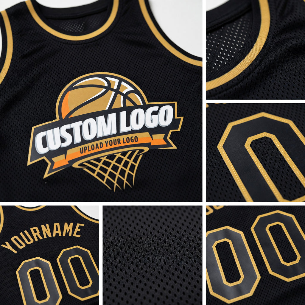 Custom Black Old Gold Authentic Throwback Basketball Jersey detail