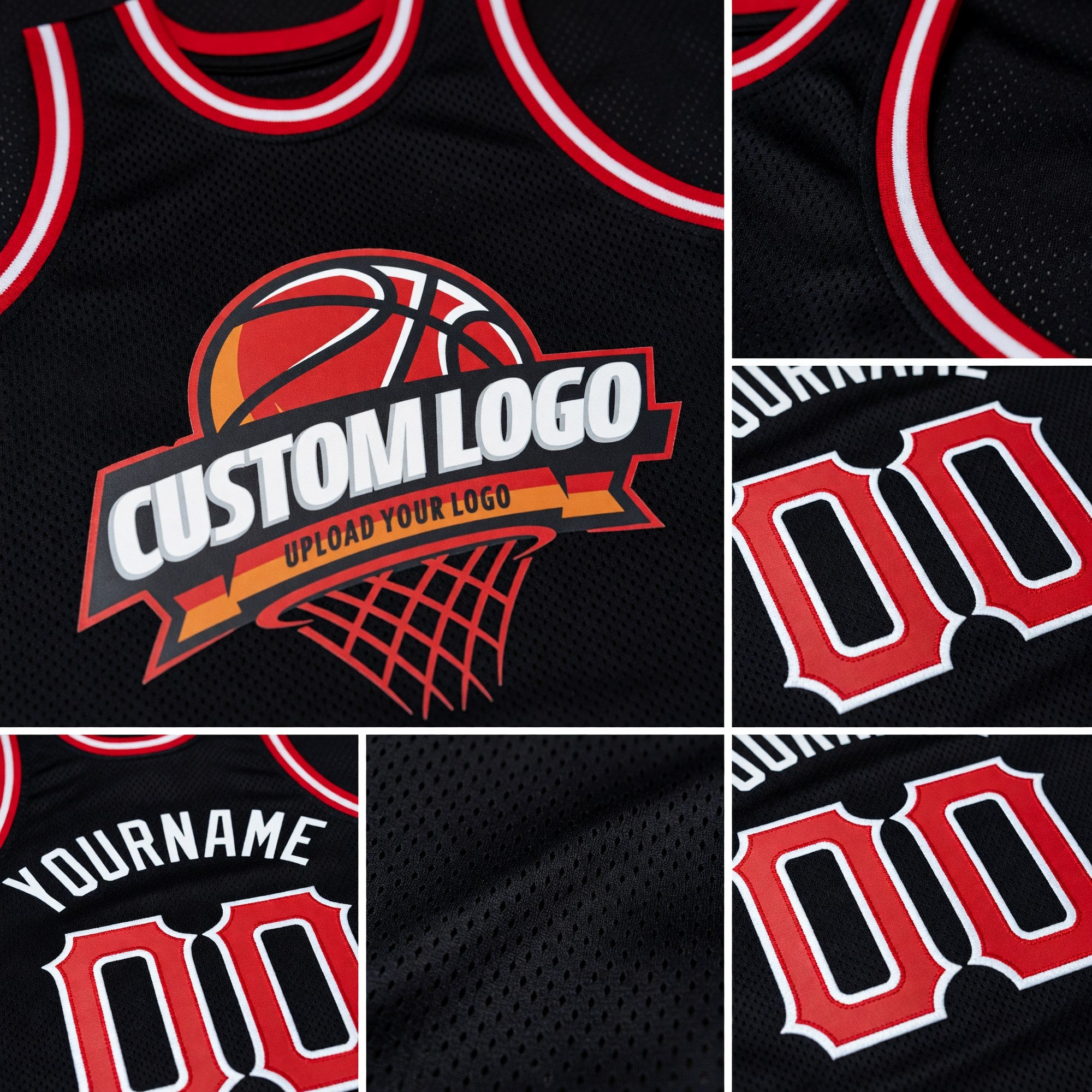 Custom Black Red-White Authentic Throwback Basketball Jersey detail