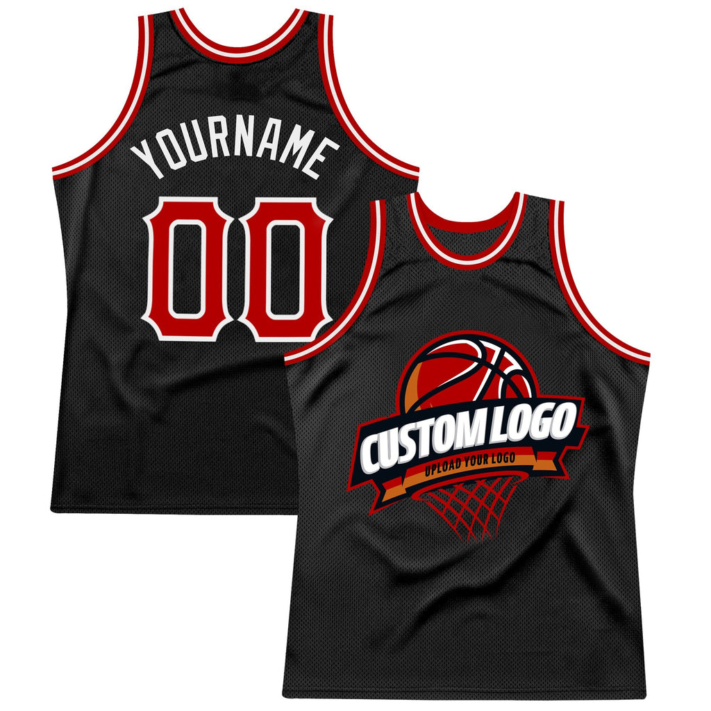 Custom Black Red-White Authentic Throwback Basketball Jersey photo 1