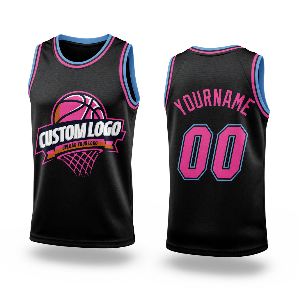 Custom Black Pink-Light Blue Authentic Throwback Basketball Jersey