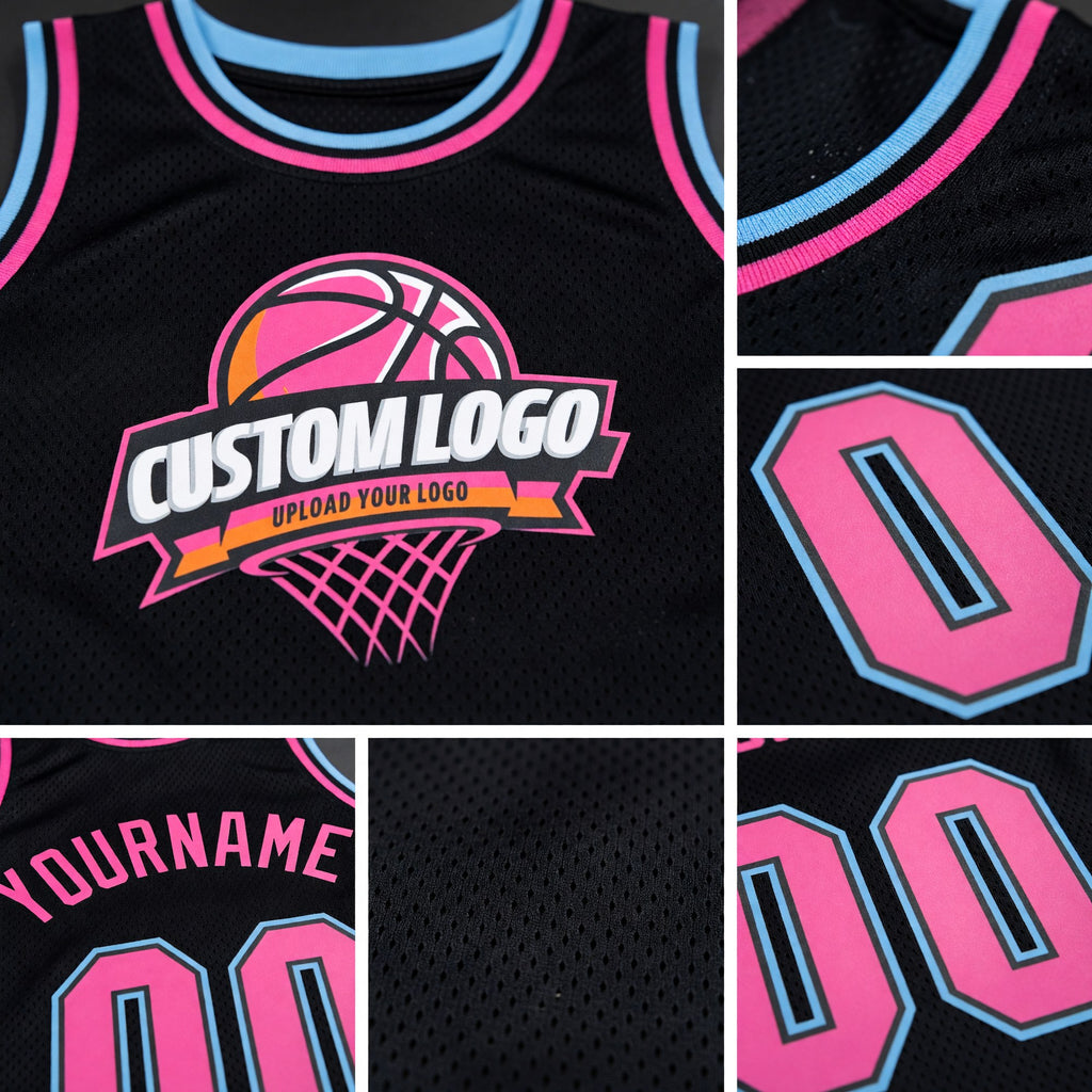 Custom Black Pink-Light Blue Authentic Throwback Basketball Jersey detail