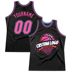 Custom Black Pink-Light Blue Authentic Throwback Basketball Jersey photo 1