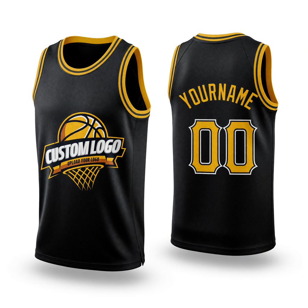 Custom Black Gold-White Authentic Throwback Basketball Jersey