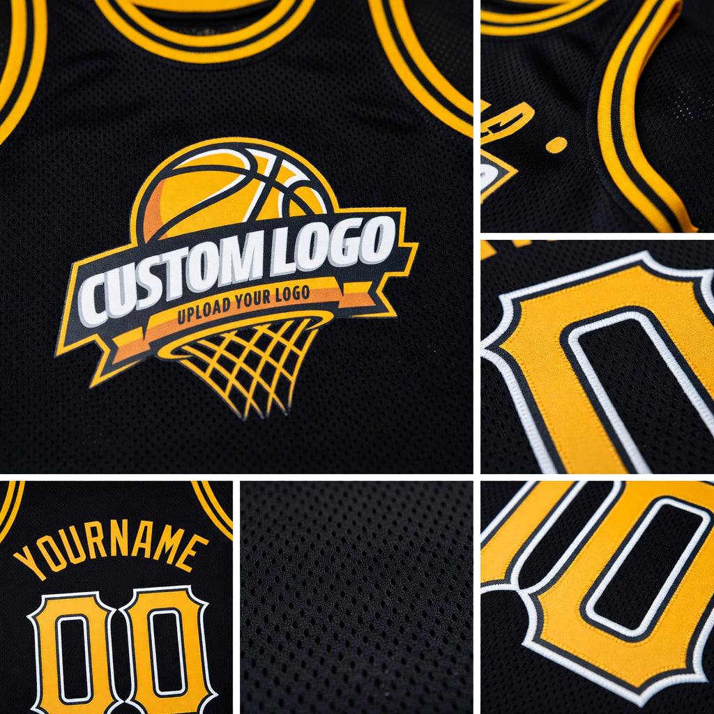 Custom Black Gold-White Authentic Throwback Basketball Jersey detail