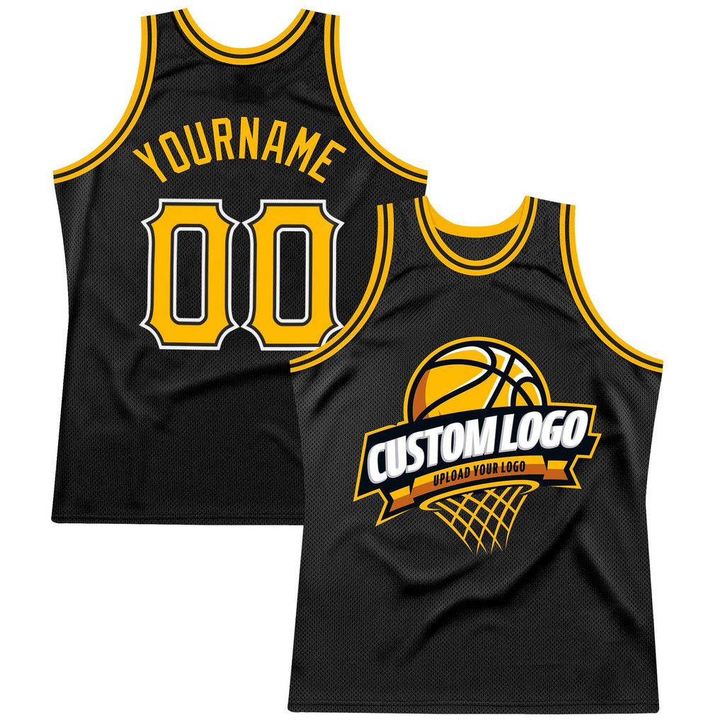 Custom Black Gold-White Authentic Throwback Basketball Jersey photo 1