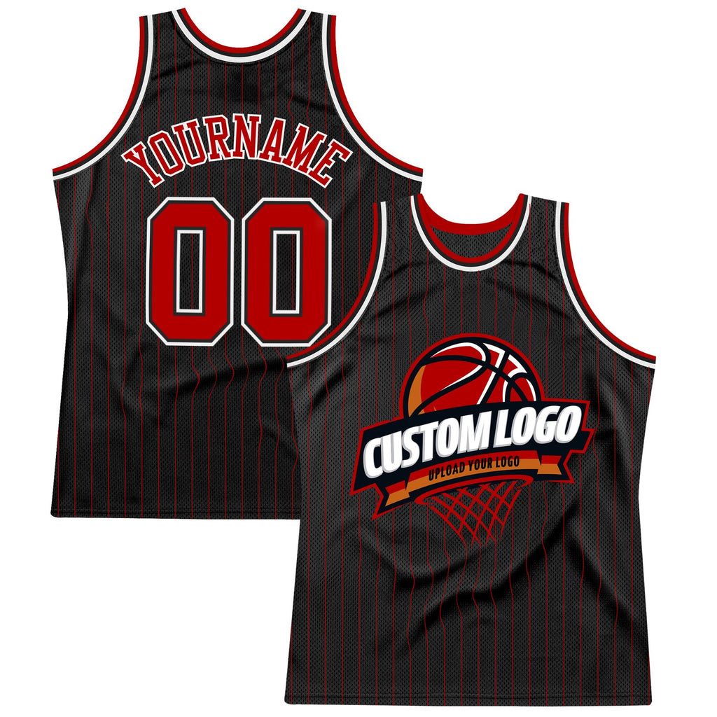 Custom Black Red Pinstripe White Authentic Basketball Jersey photo 1