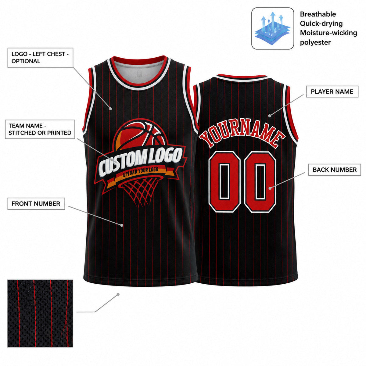 Custom Black Pinstripe Authentic Basketball Jersey with Red Lettering customization guide