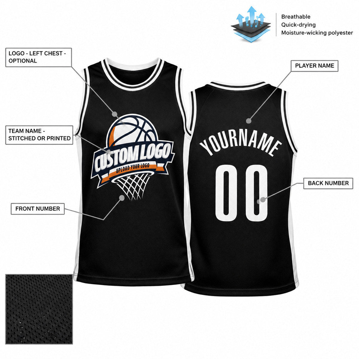 Custom Black Authentic Throwback Basketball Jersey with White Lettering Design 1563 customization guide