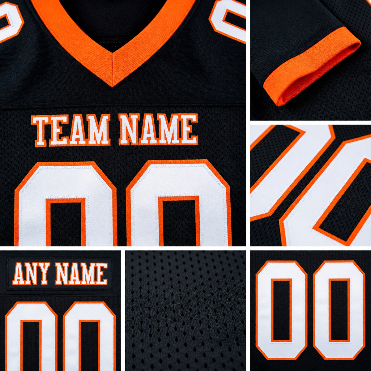 Custom Black White-Orange Mesh Authentic Football Jersey detail