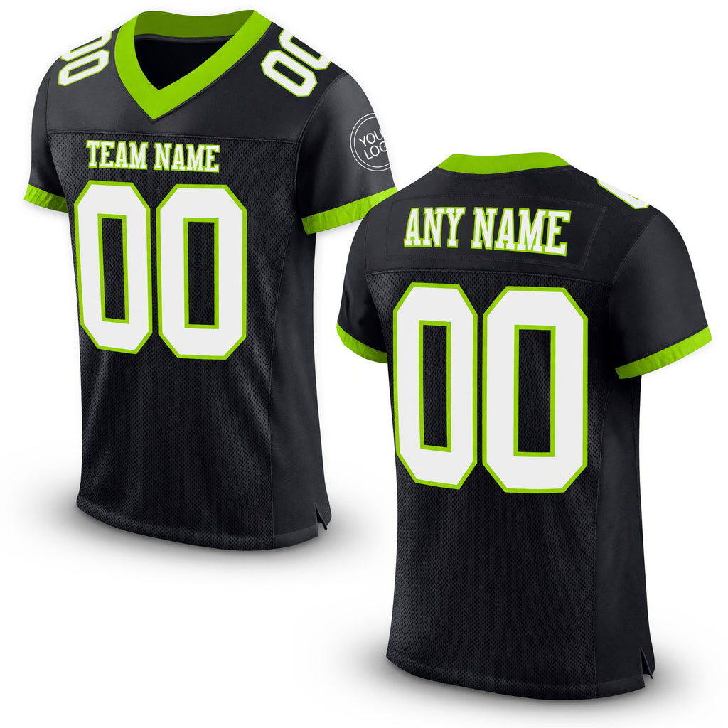 Custom Black White-Neon Green Mesh Authentic Football Jersey