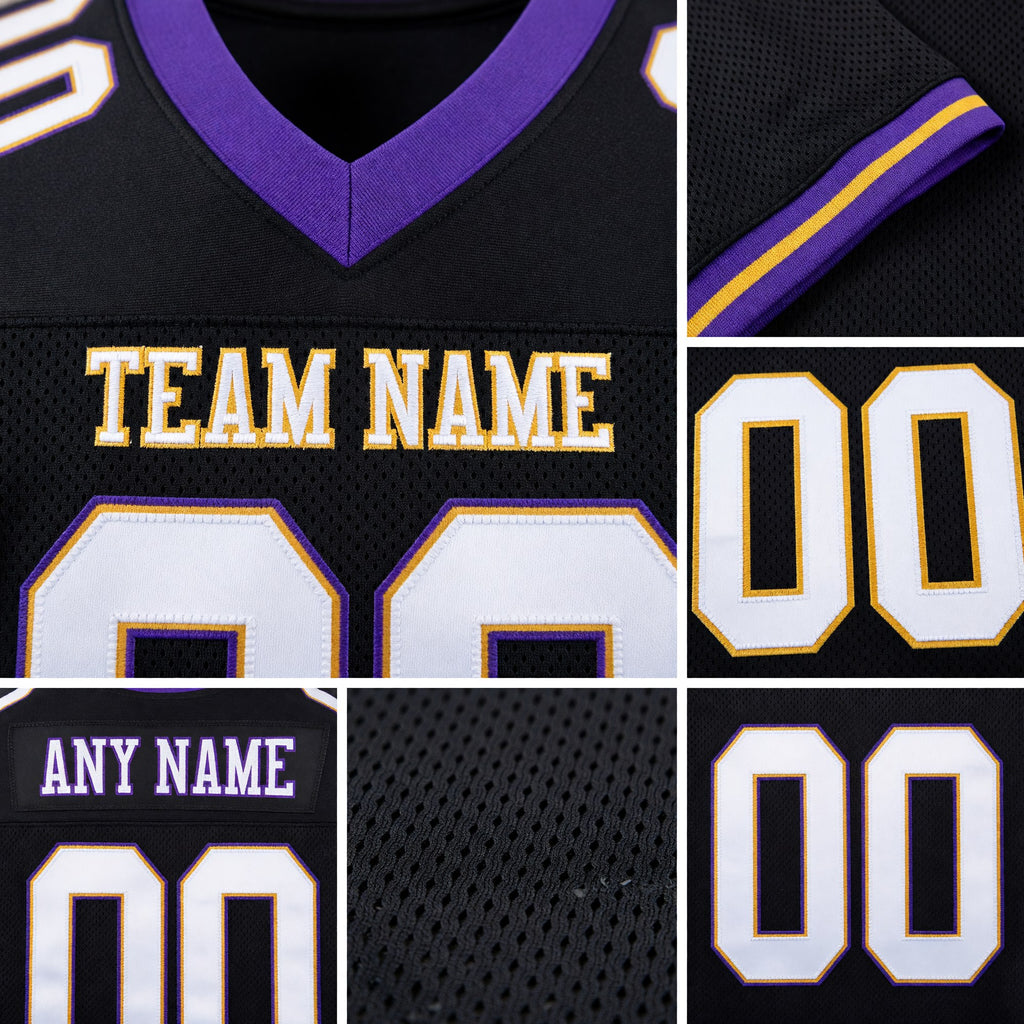 Custom Black White Purple-Old Gold Mesh Authentic Football Jersey detail