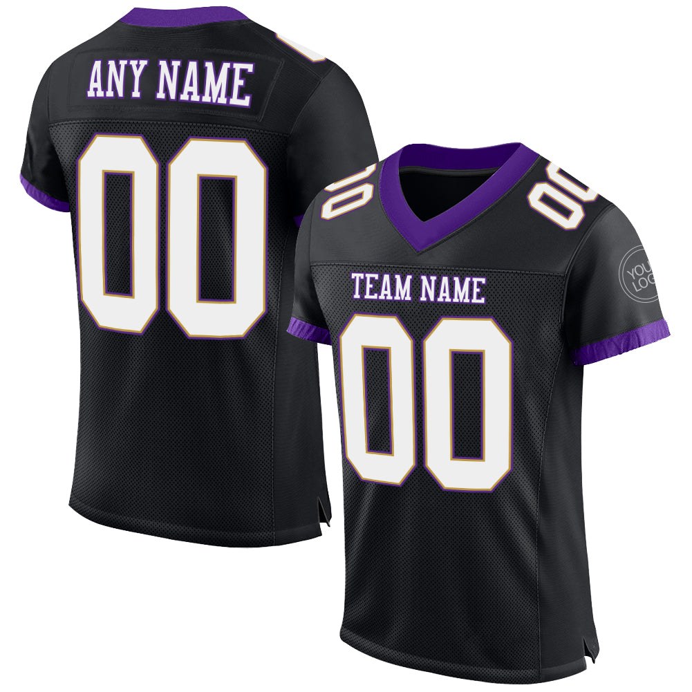 Custom Black White Purple-Old Gold Mesh Authentic Football Jersey photo 1