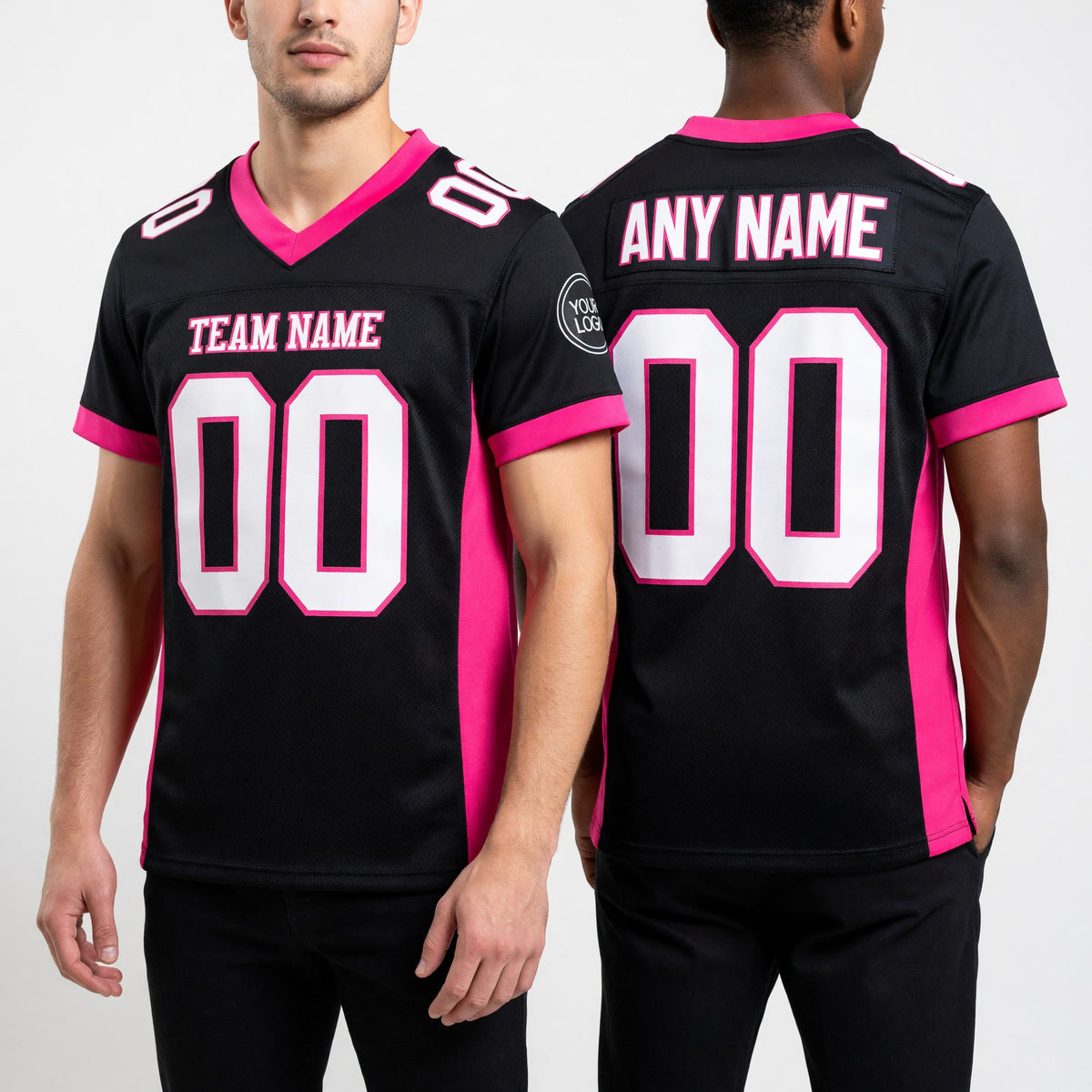 Custom Black White-Pink Mesh Authentic Football Jersey worn front and back