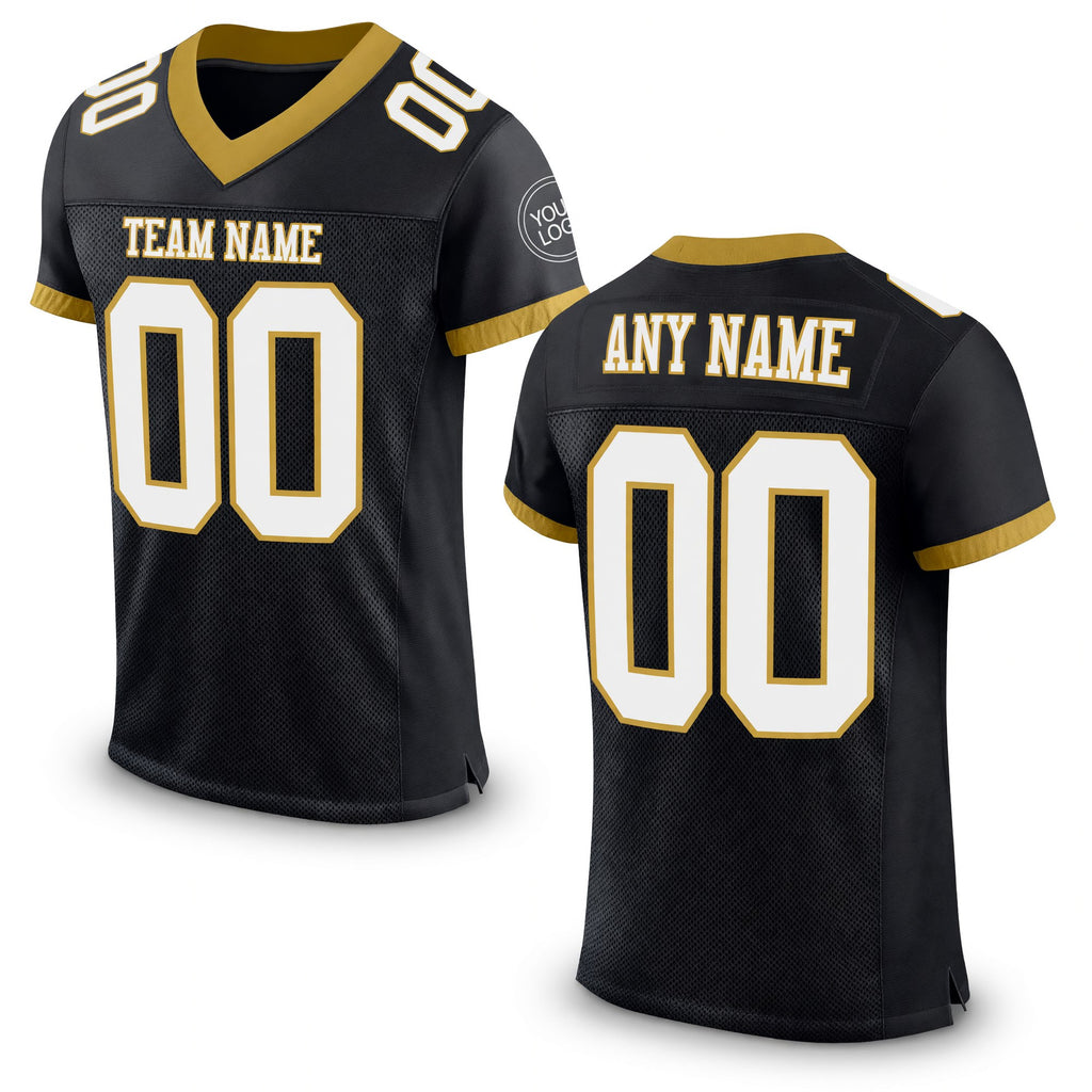 Custom Black White-Old Gold Mesh Authentic Football Jersey