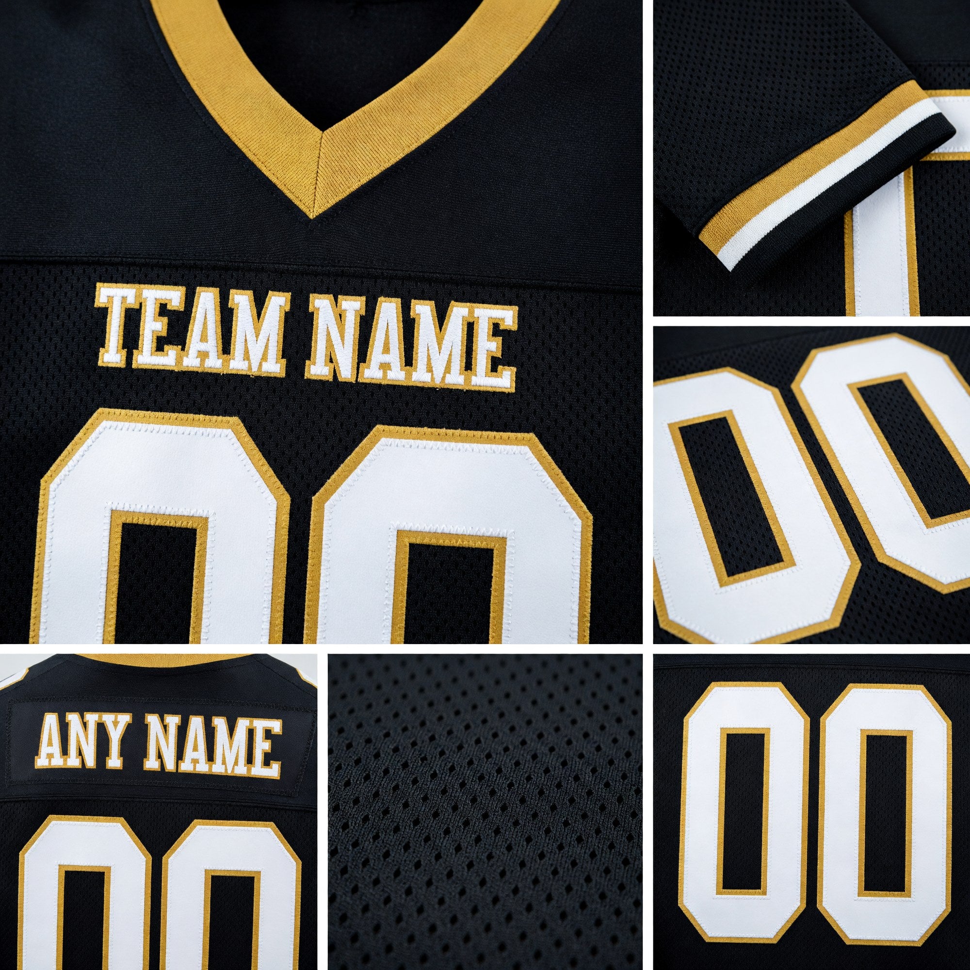 Custom Black White-Old Gold Mesh Authentic Football Jersey detail