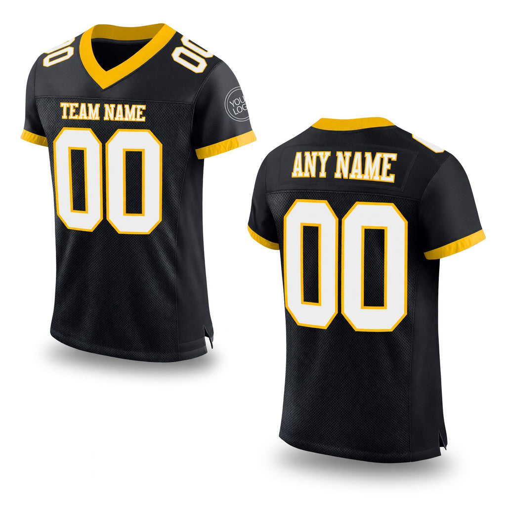 Custom Black White-Gold Mesh Authentic Football Jersey