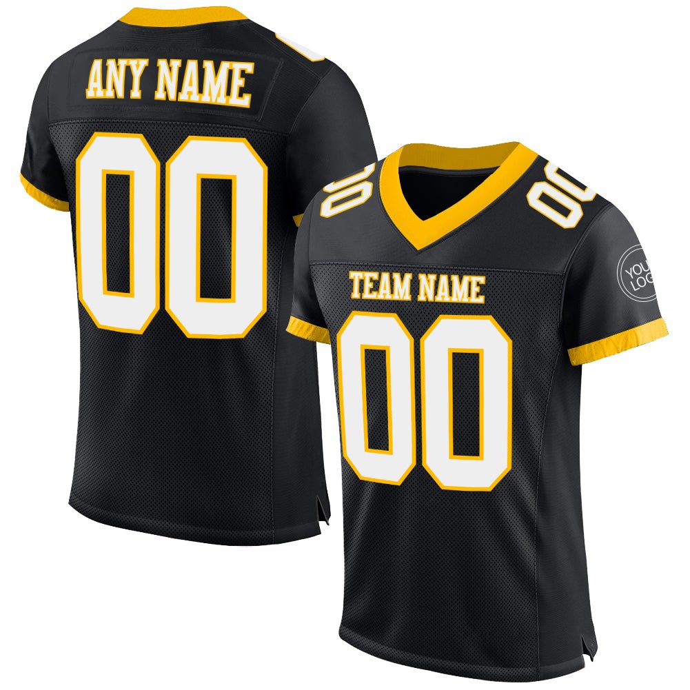 Custom Black White-Gold Mesh Authentic Football Jersey photo 1