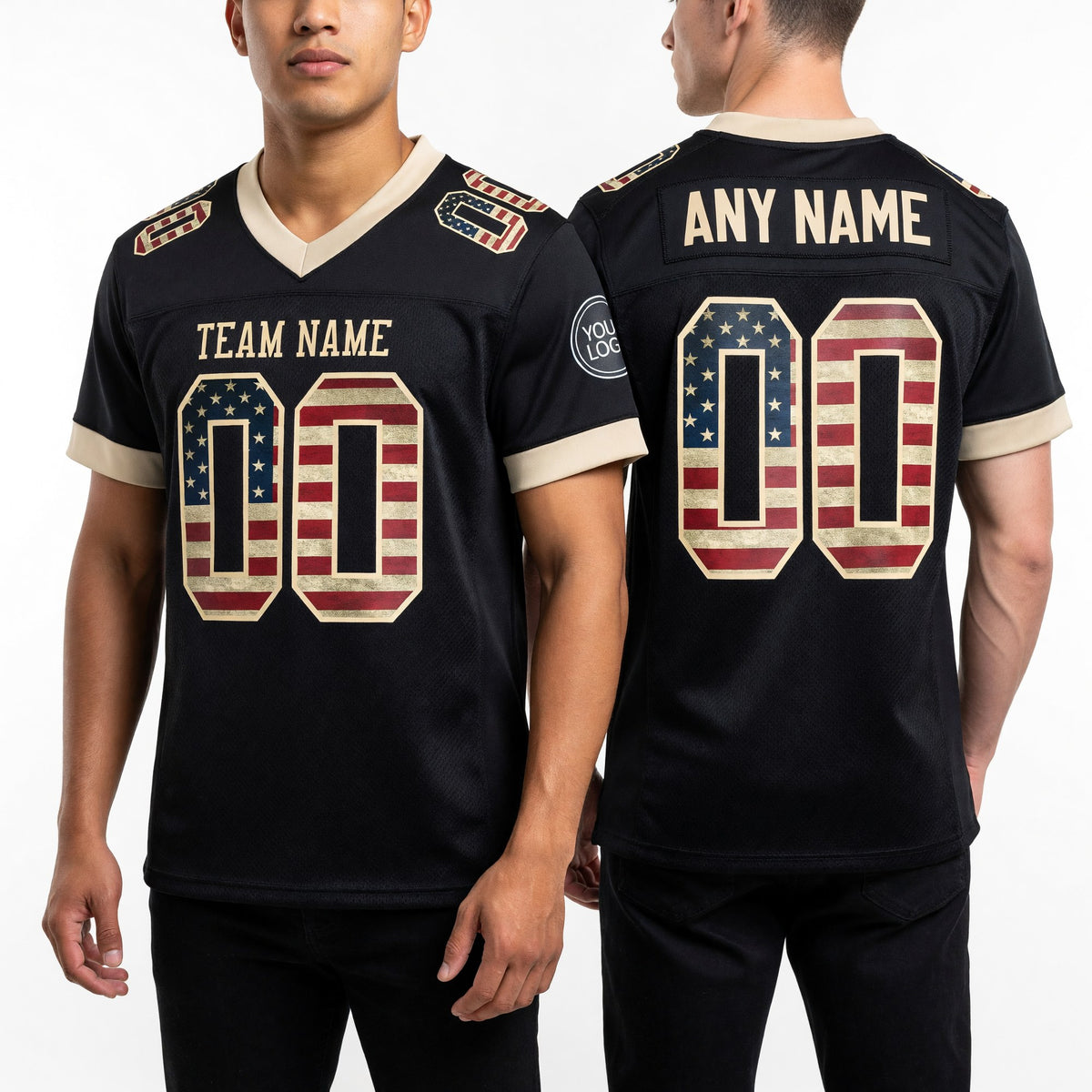 Custom Black Vintage USA Flag-Cream Mesh Authentic Football Jersey worn front and back