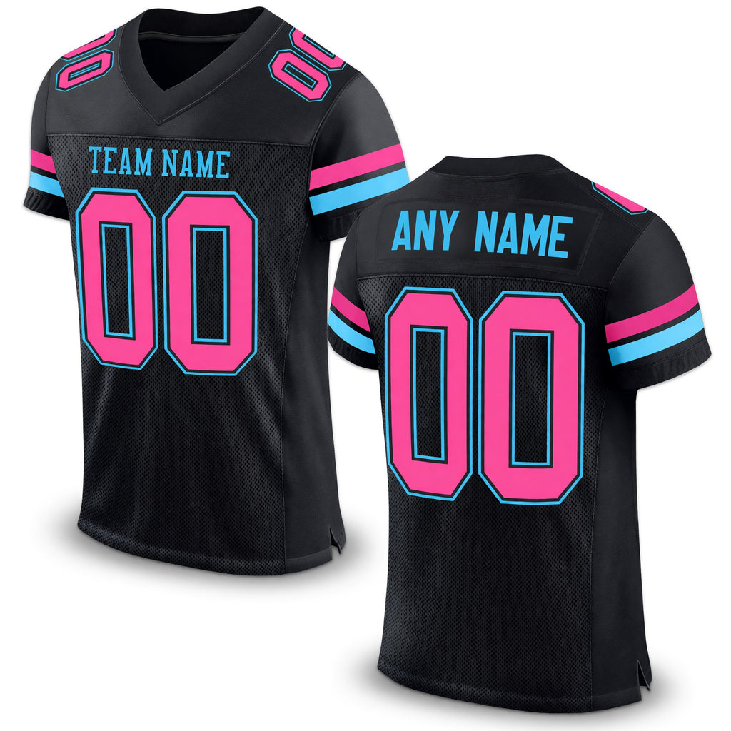 Custom Black Pink-Sky Blue Mesh Authentic Football Jersey