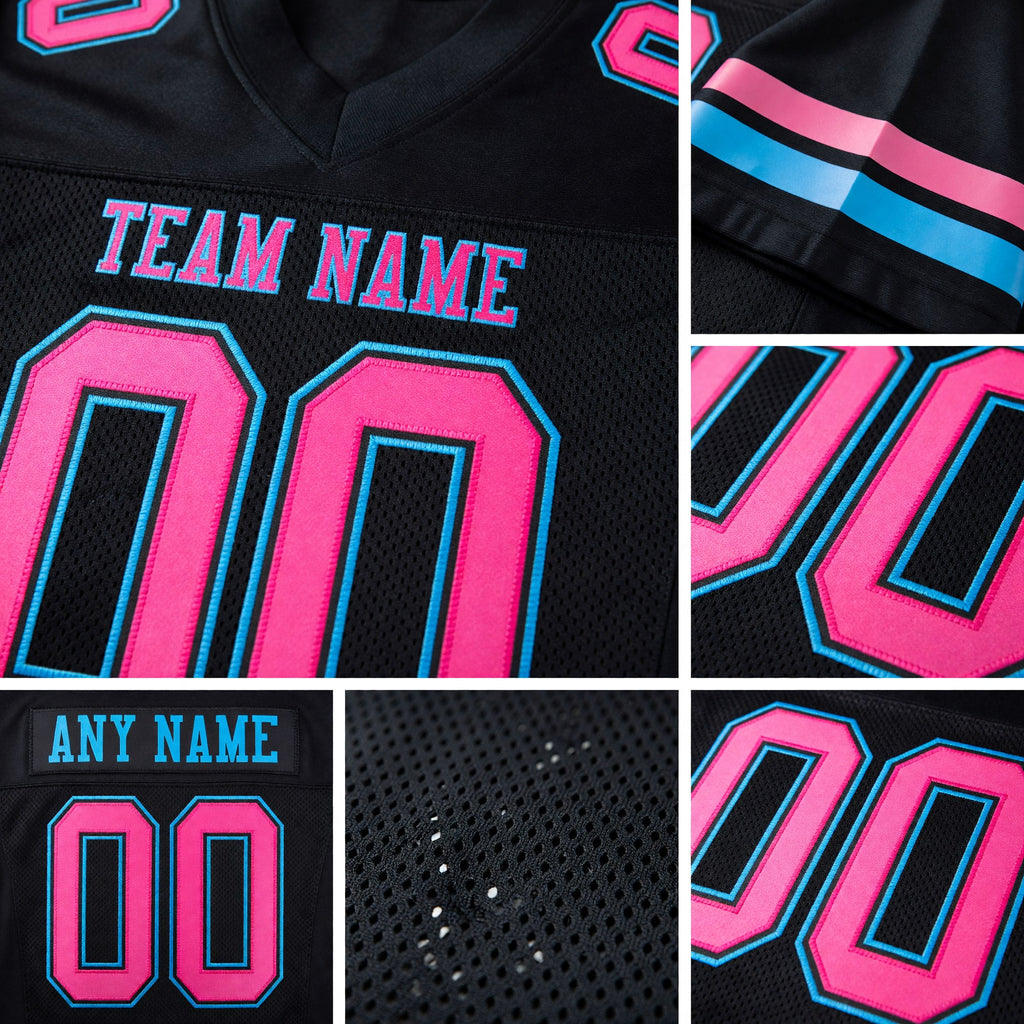 Custom Black Pink-Sky Blue Mesh Authentic Football Jersey detail