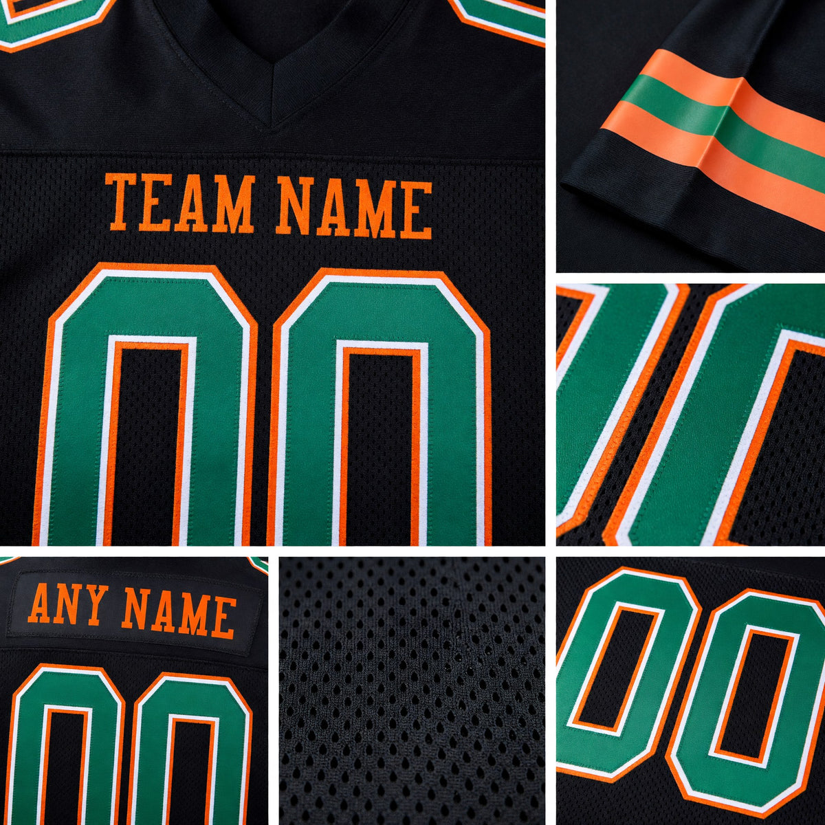 Custom Black Kelly Green-Orange Mesh Authentic Football Jersey detail
