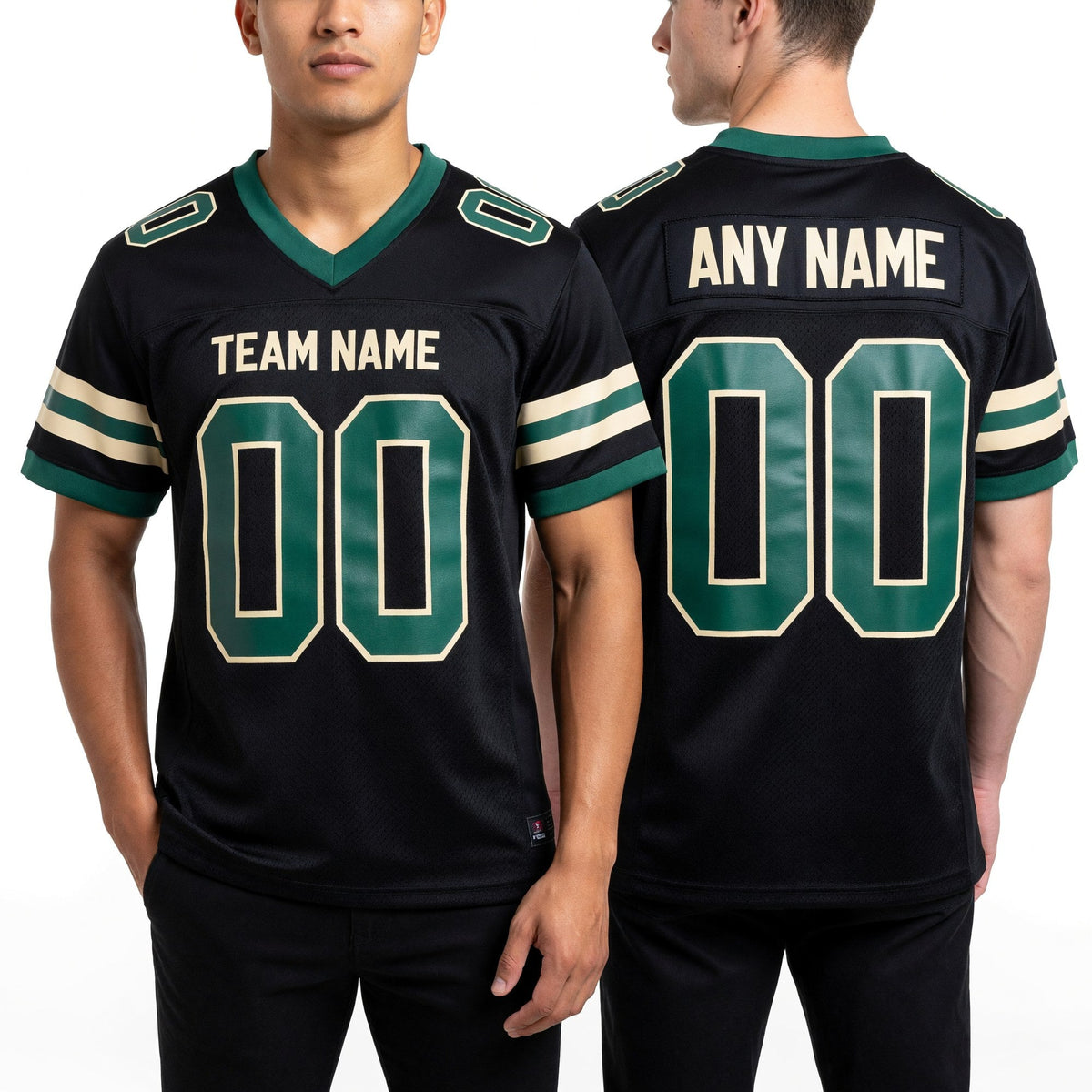Custom Black Green-Cream Mesh Authentic Football Jersey worn front and back
