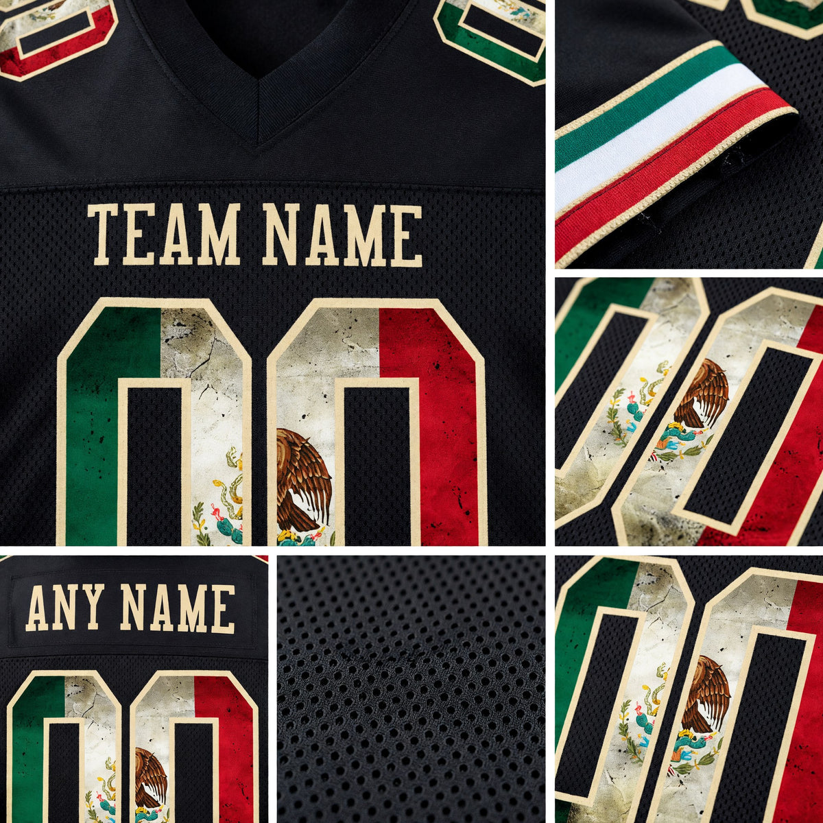 Custom Black Vintage Mexican Flag-City Cream Mesh Authentic Football Jersey detail