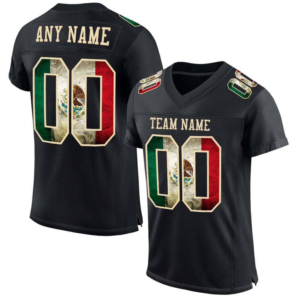 Custom Black Vintage Mexican Flag-City Cream Mesh Authentic Football Jersey photo 1