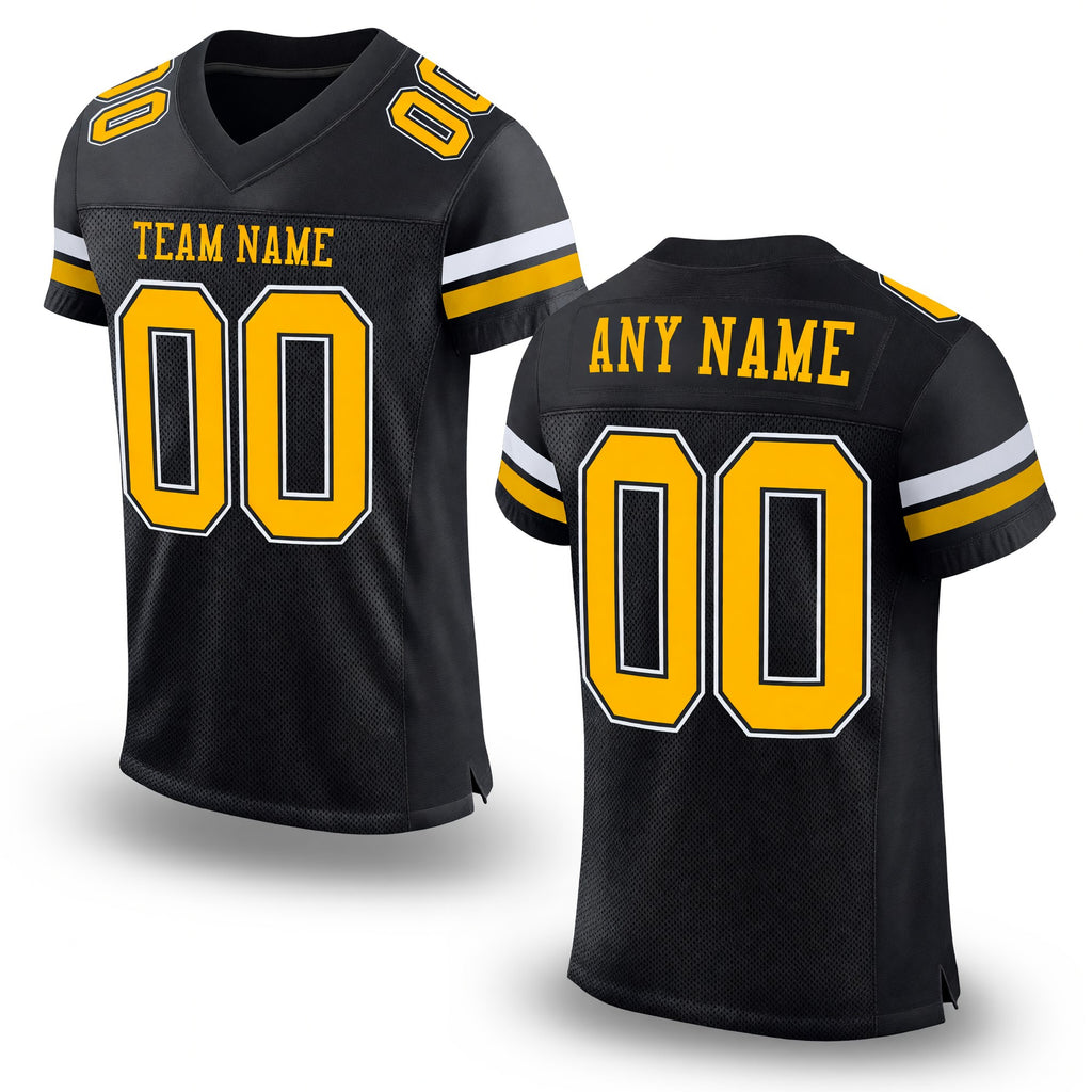 Custom Black Gold-White Mesh Authentic Football Jersey