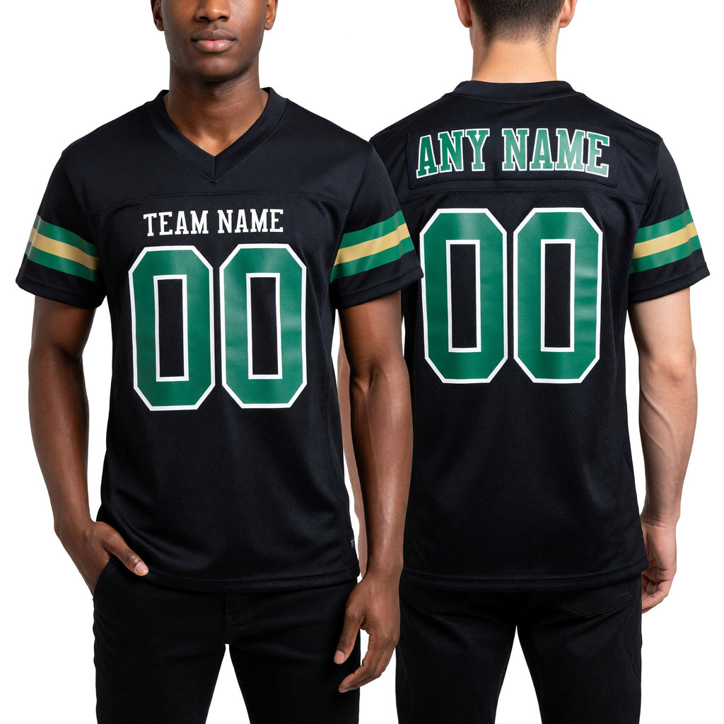 Custom Black Grass Green-Old Gold Mesh Authentic Football Jersey worn front and back