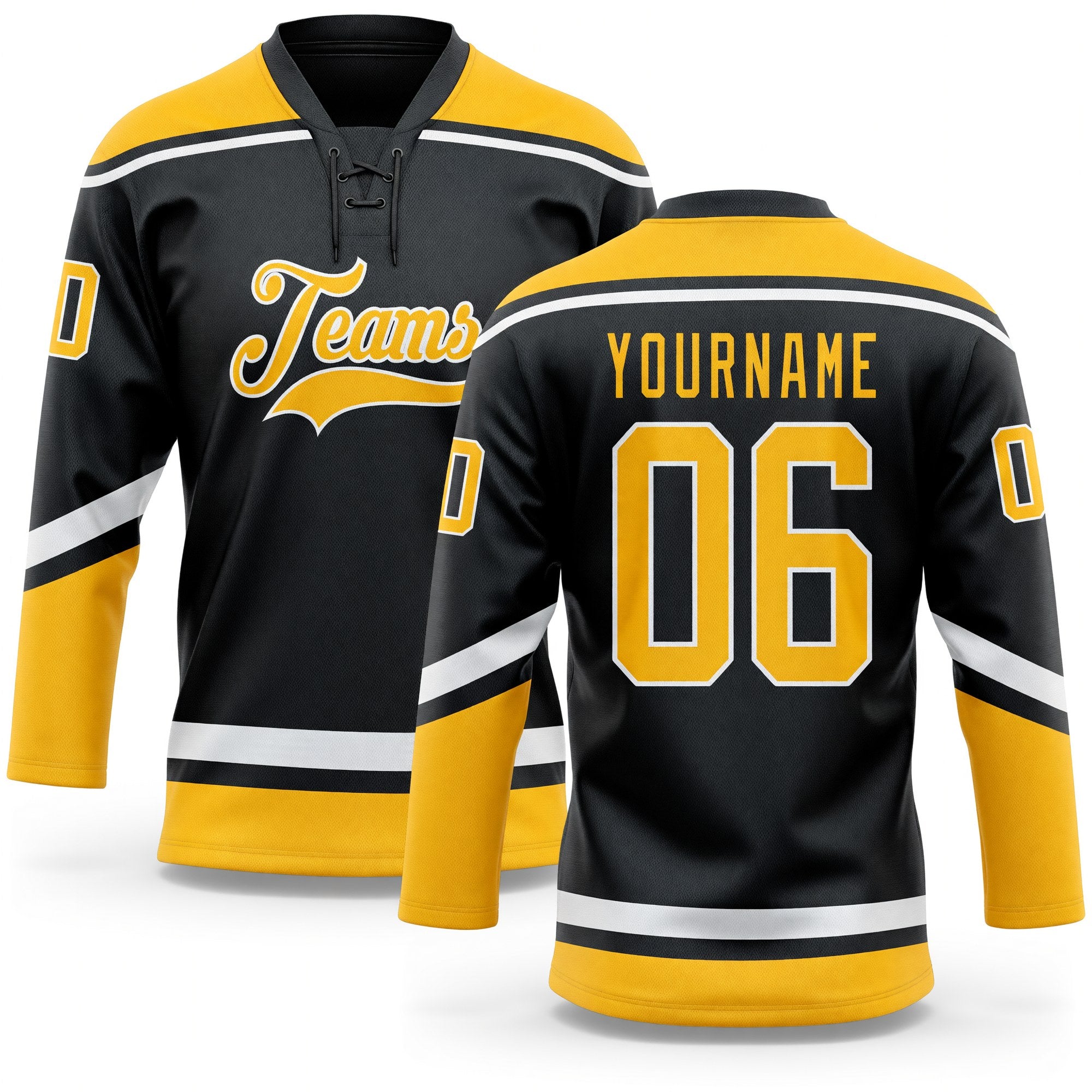 Custom Black Gold-White Hockey Lace Neck Jersey