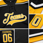 Custom Black Gold-White Hockey Lace Neck Jersey detail