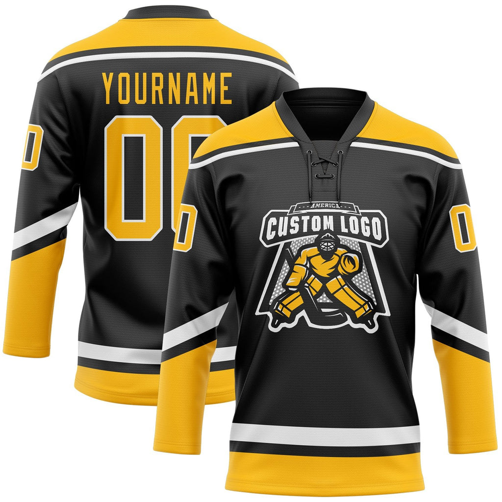 Custom Black Gold-White Hockey Lace Neck Jersey photo 2