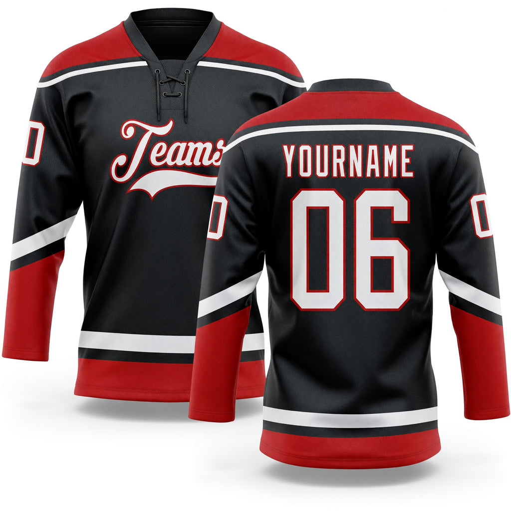 Custom Black White-Red Hockey Lace Neck Jersey