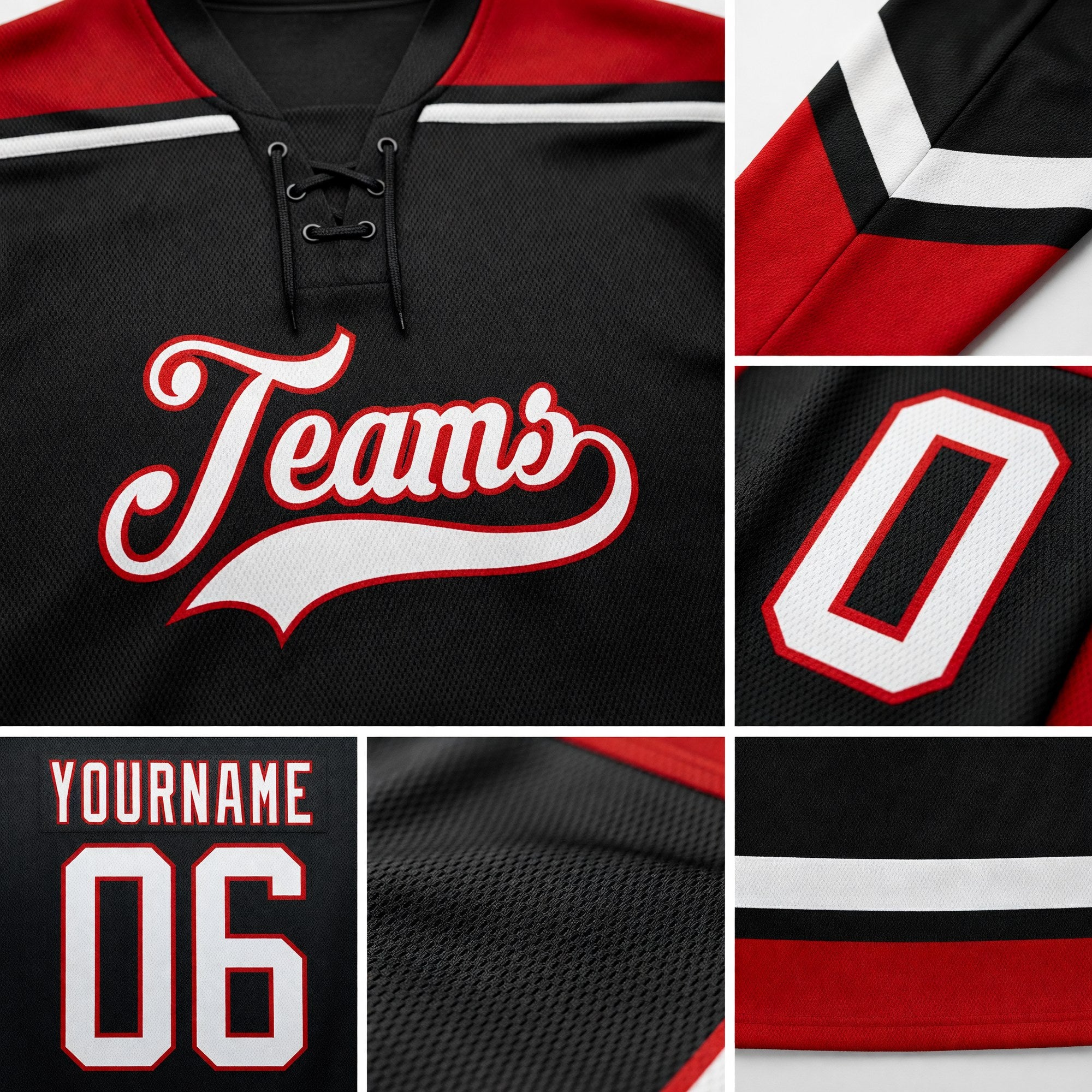 Custom Black White-Red Hockey Lace Neck Jersey detail