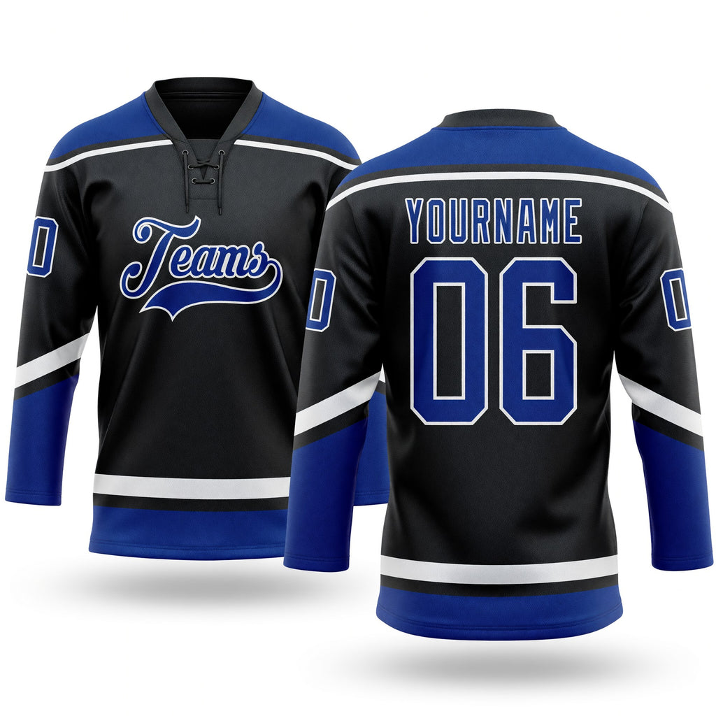 Custom Black Royal-White Hockey Lace Neck Jersey