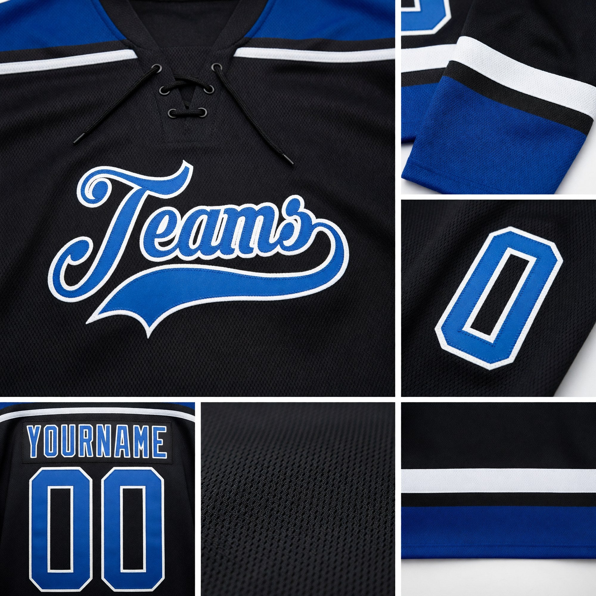 Custom Black Royal-White Hockey Lace Neck Jersey detail