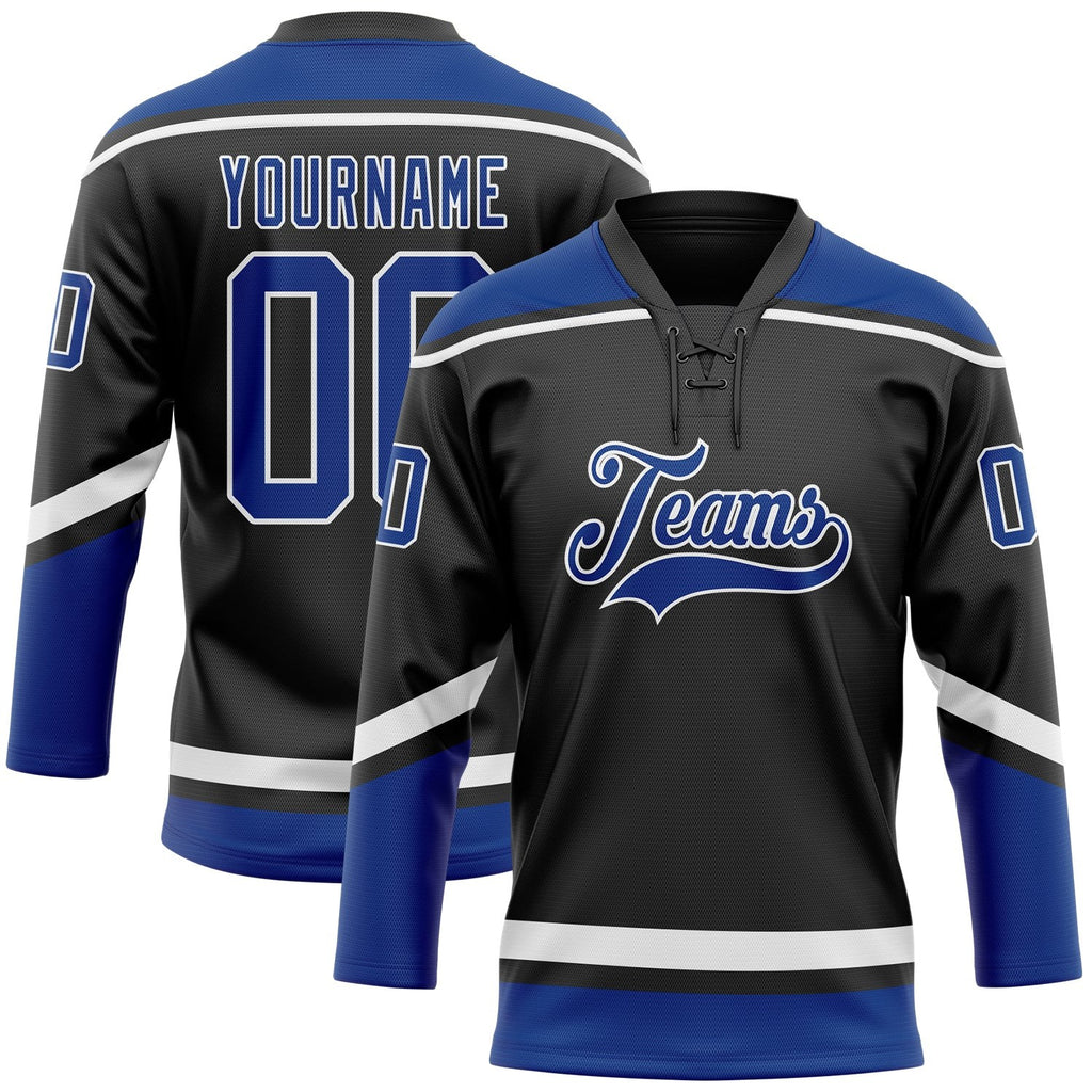 Custom Black Royal-White Hockey Lace Neck Jersey photo 1
