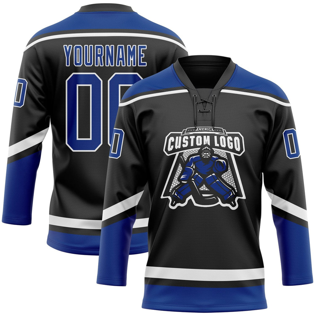 Custom Black Royal-White Hockey Lace Neck Jersey photo 2