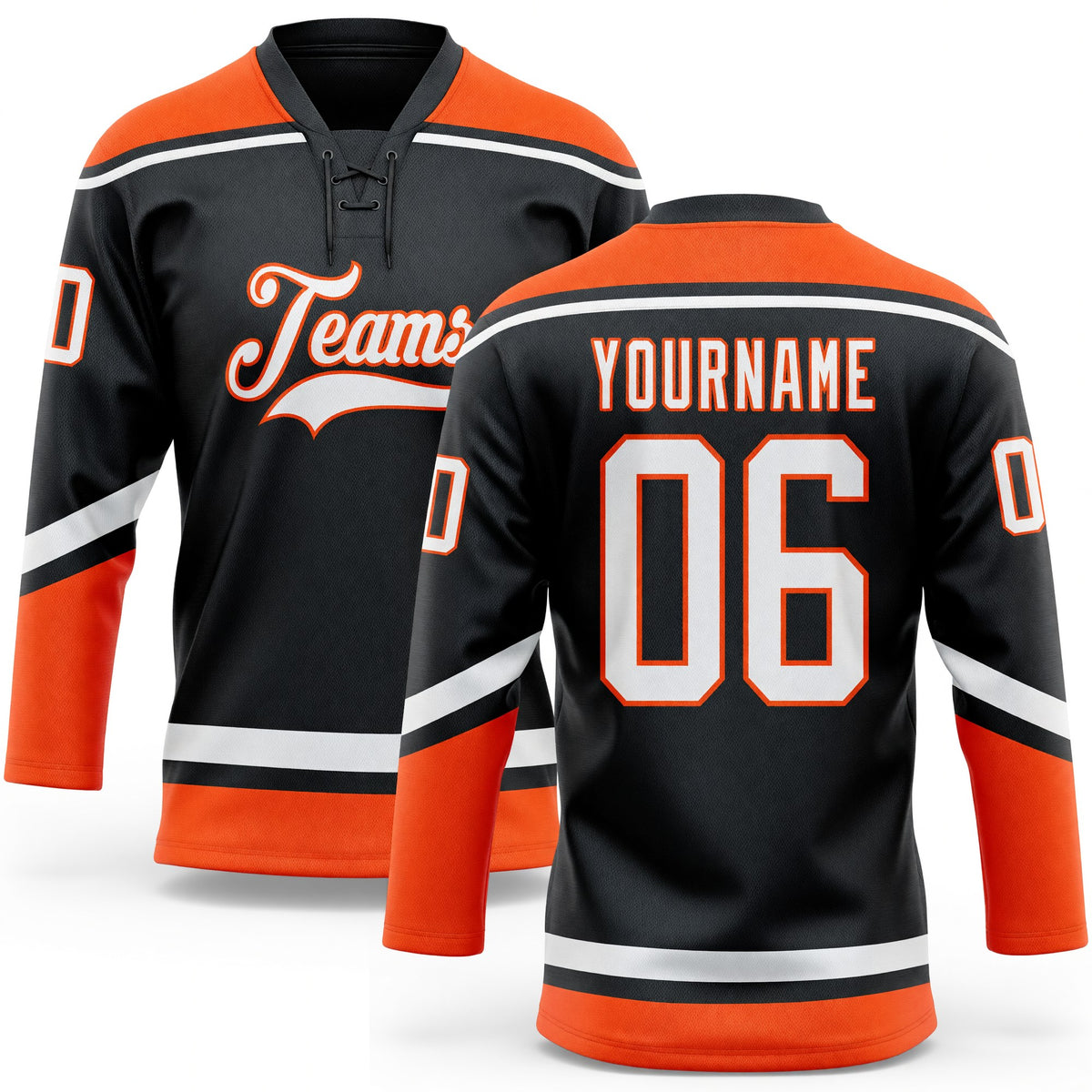 Custom Black White-Orange Hockey Lace Neck Jersey