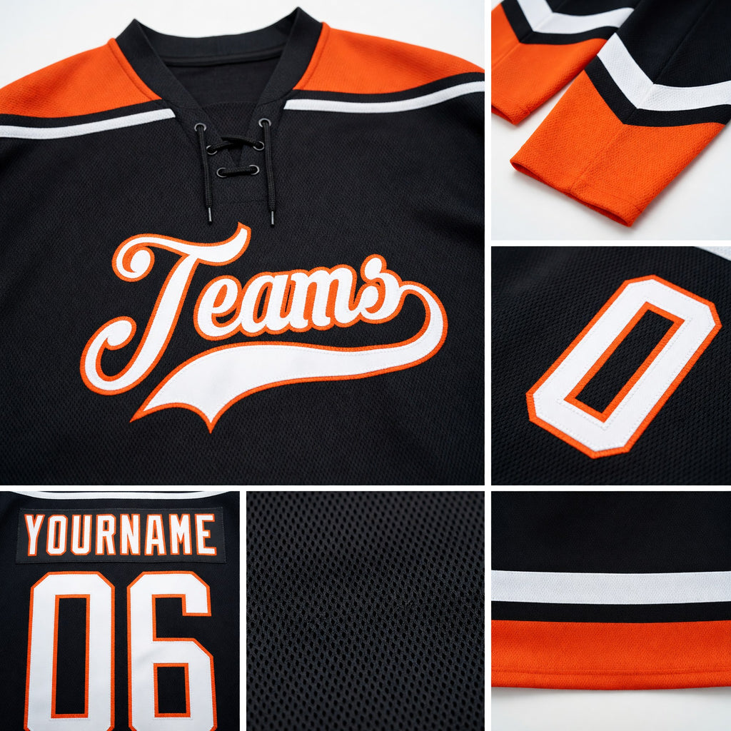 Custom Black White-Orange Hockey Lace Neck Jersey detail