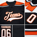 Custom Black White-Orange Hockey Lace Neck Jersey detail