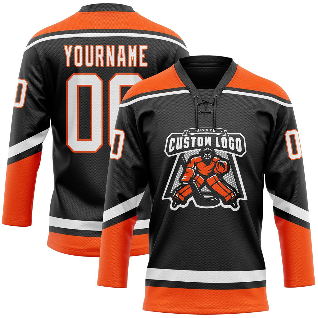 Custom Black White-Orange Hockey Lace Neck Jersey photo 2