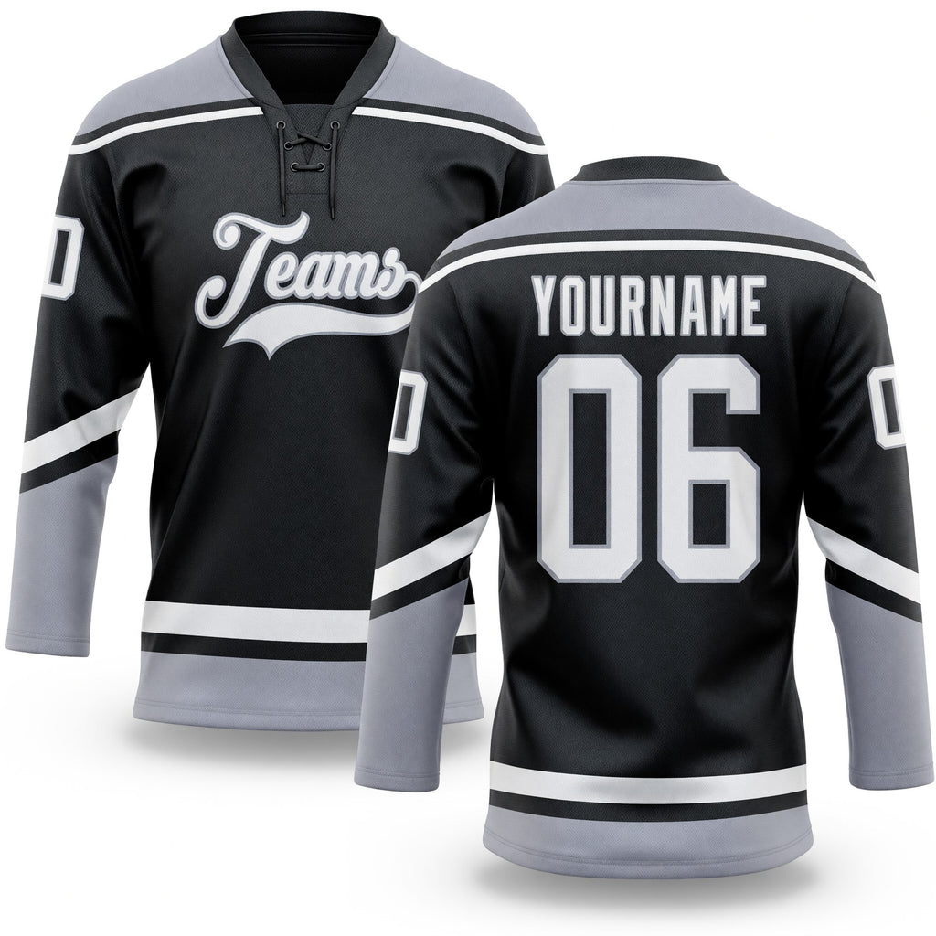 Custom Black White-Gray Hockey Lace Neck Jersey