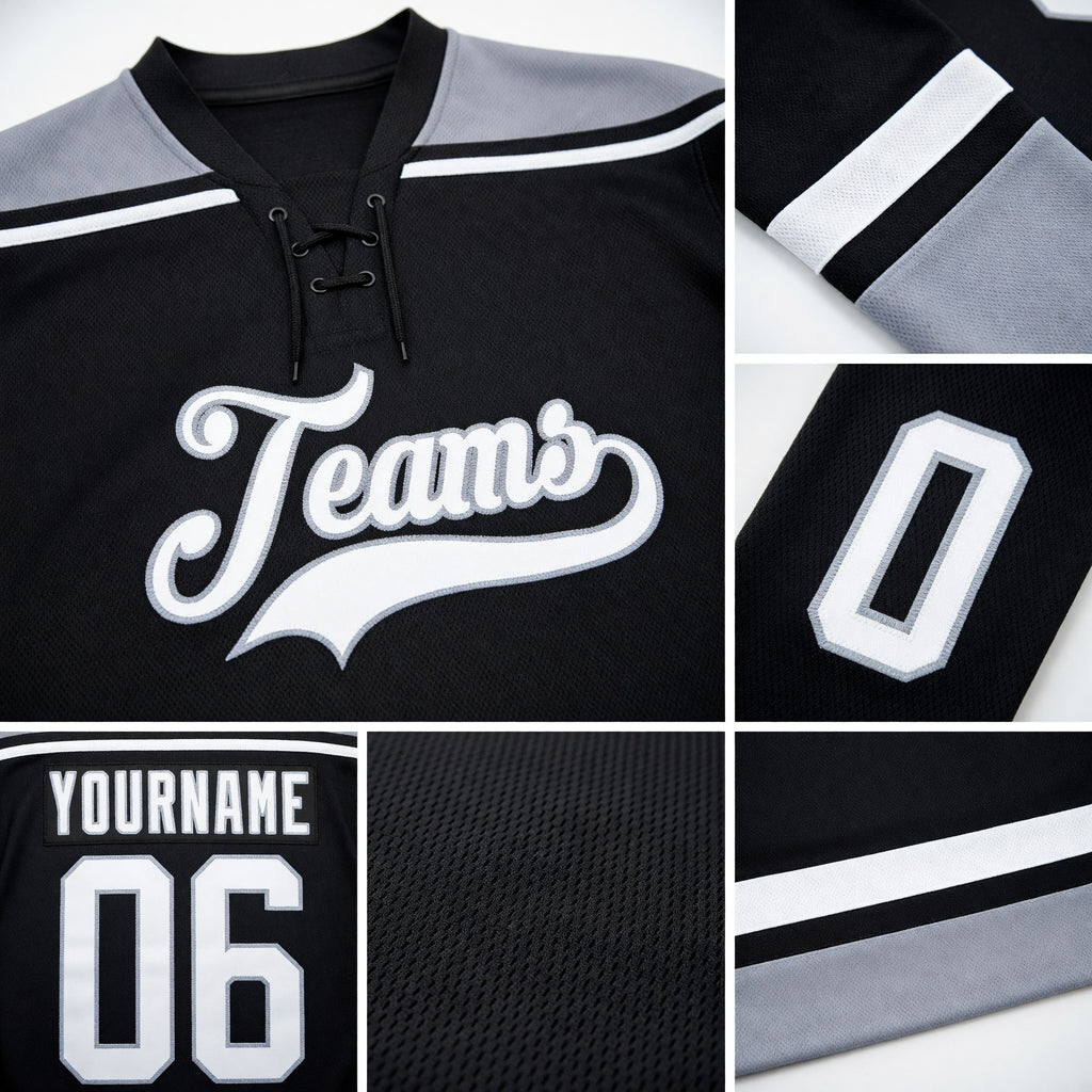 Custom Black White-Gray Hockey Lace Neck Jersey detail