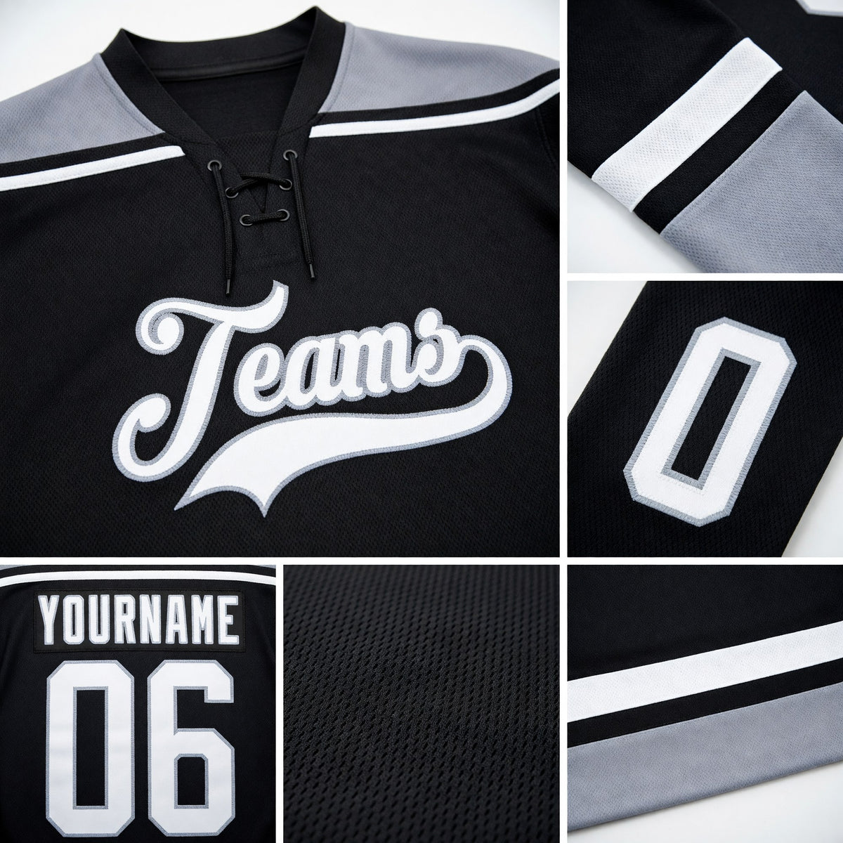 Custom Black White-Gray Hockey Lace Neck Jersey detail