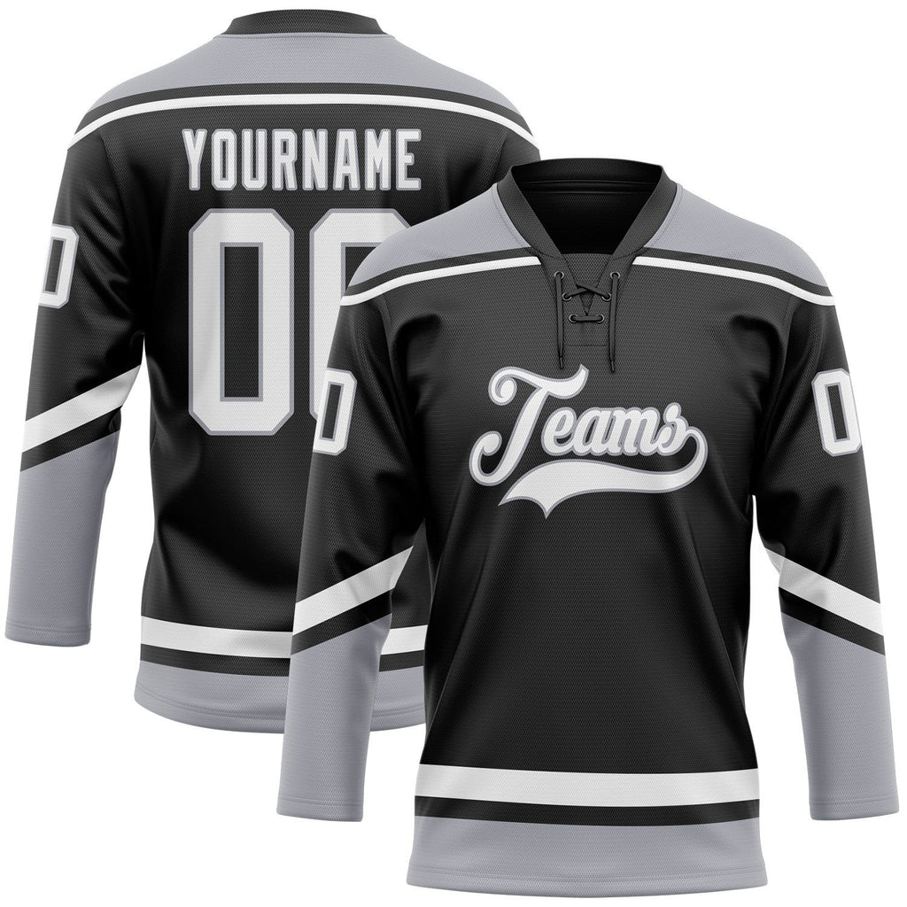 Custom Black White-Gray Hockey Lace Neck Jersey photo 1