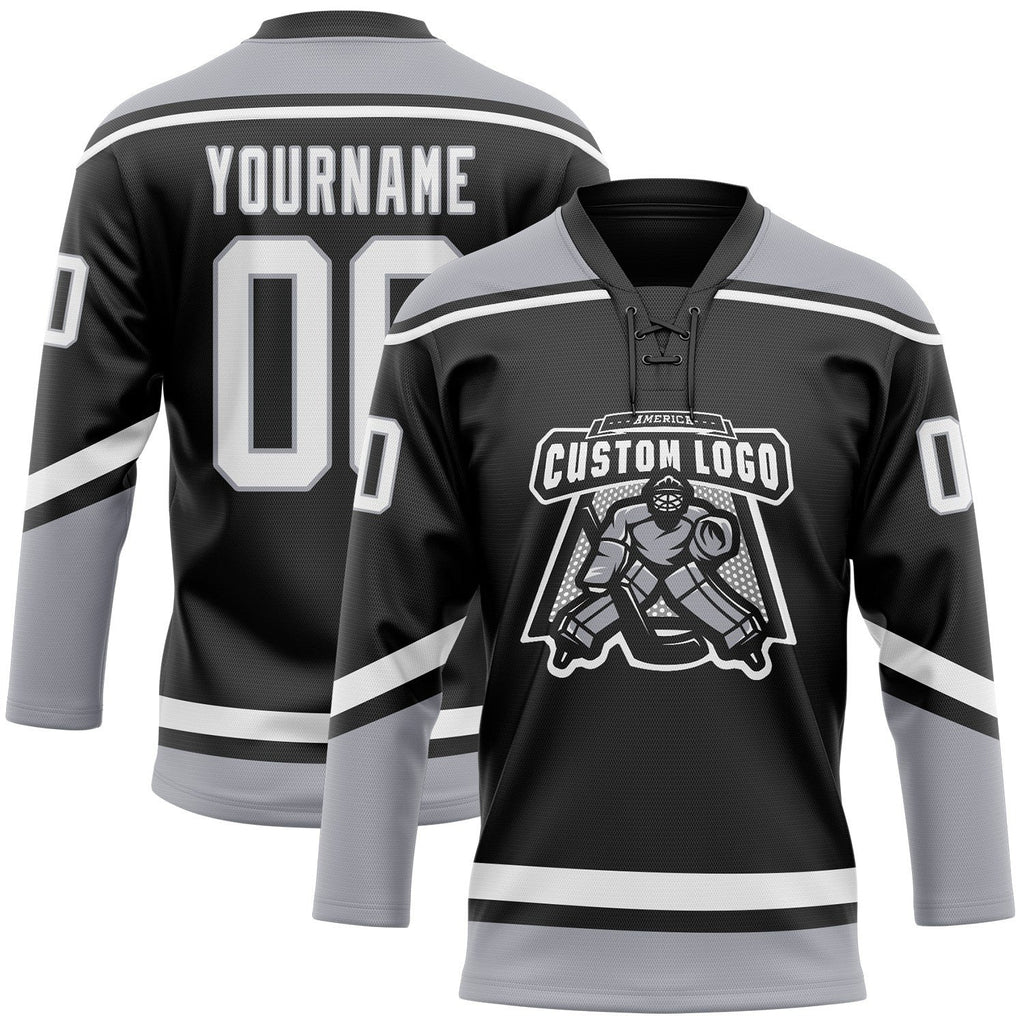 Custom Black White-Gray Hockey Lace Neck Jersey photo 3