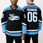 Custom Black White-Light Blue Hockey Lace Neck Jersey worn front and back